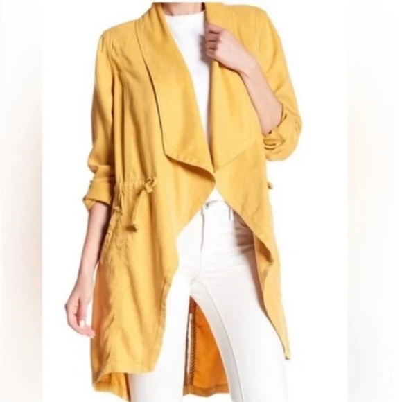 Max Jeans Draped Jacket in Mustard Yellow, Fall Trench Coat, Open Tie Front Coat - Picture 2 of 13